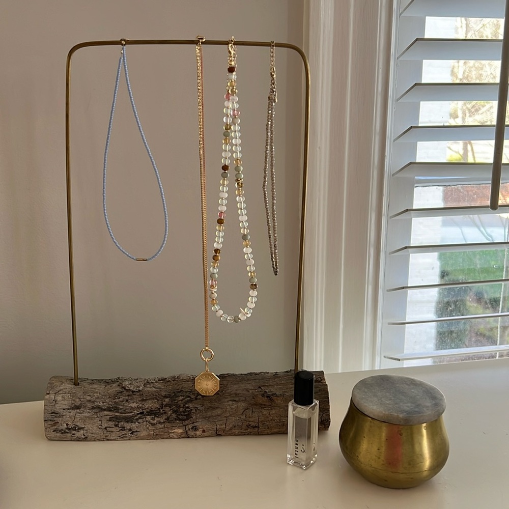 Necklace stand. Overall 9.5 x3” x 13”h.  Necklace drop is 11”.